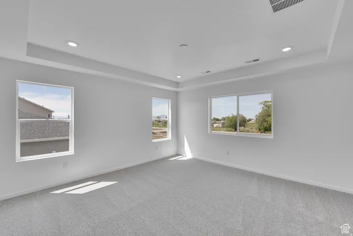 Spacious interior featuring a tray ceiling with recessed lighting, light gray carpeting, and multiple windows
