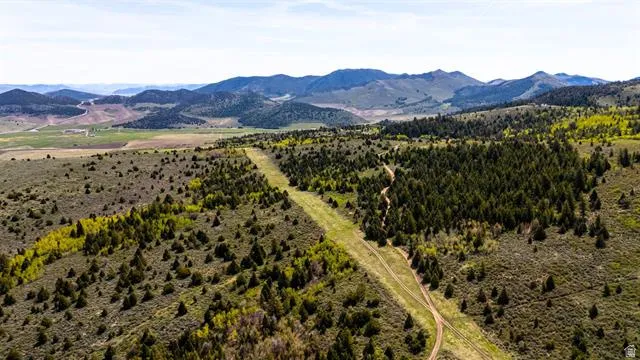 Expansive mountain landscape featuring varied terrain, a forested area, and distant foothills