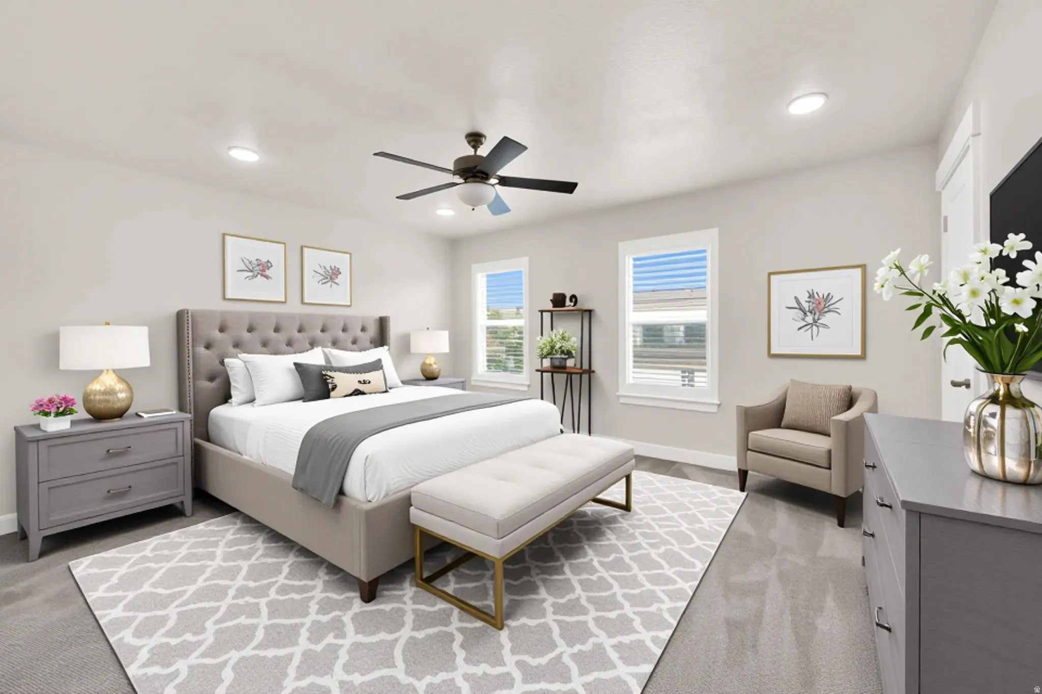 Carpeted bedroom featuring recessed lighting, a ceiling fan, and multiple windows with blinds