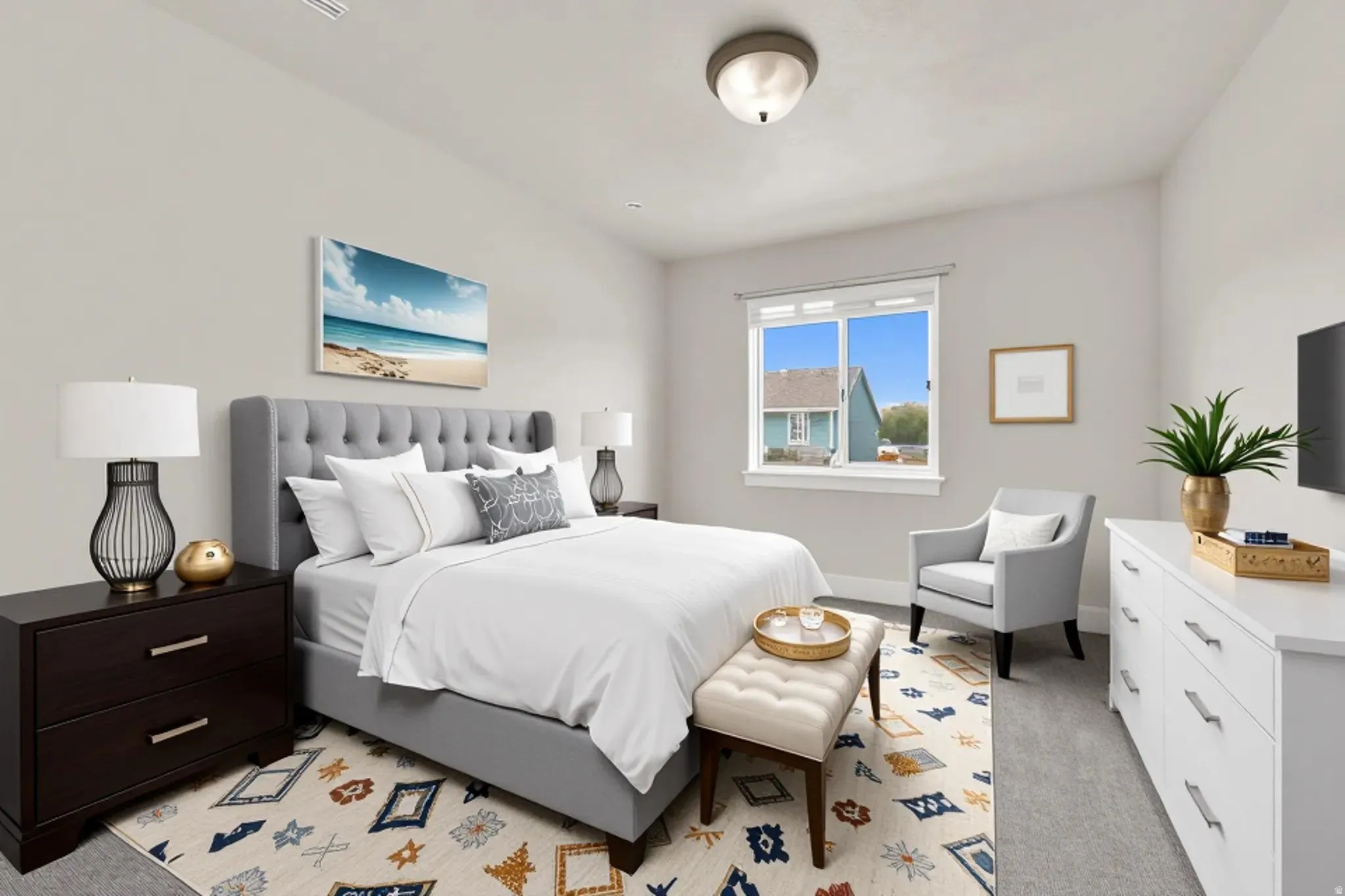Vaulted ceiling bedroom featuring carpet flooring and a double-pane window