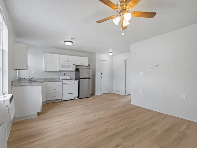 Open-concept living space featuring wood-finish flooring and a ceiling fan