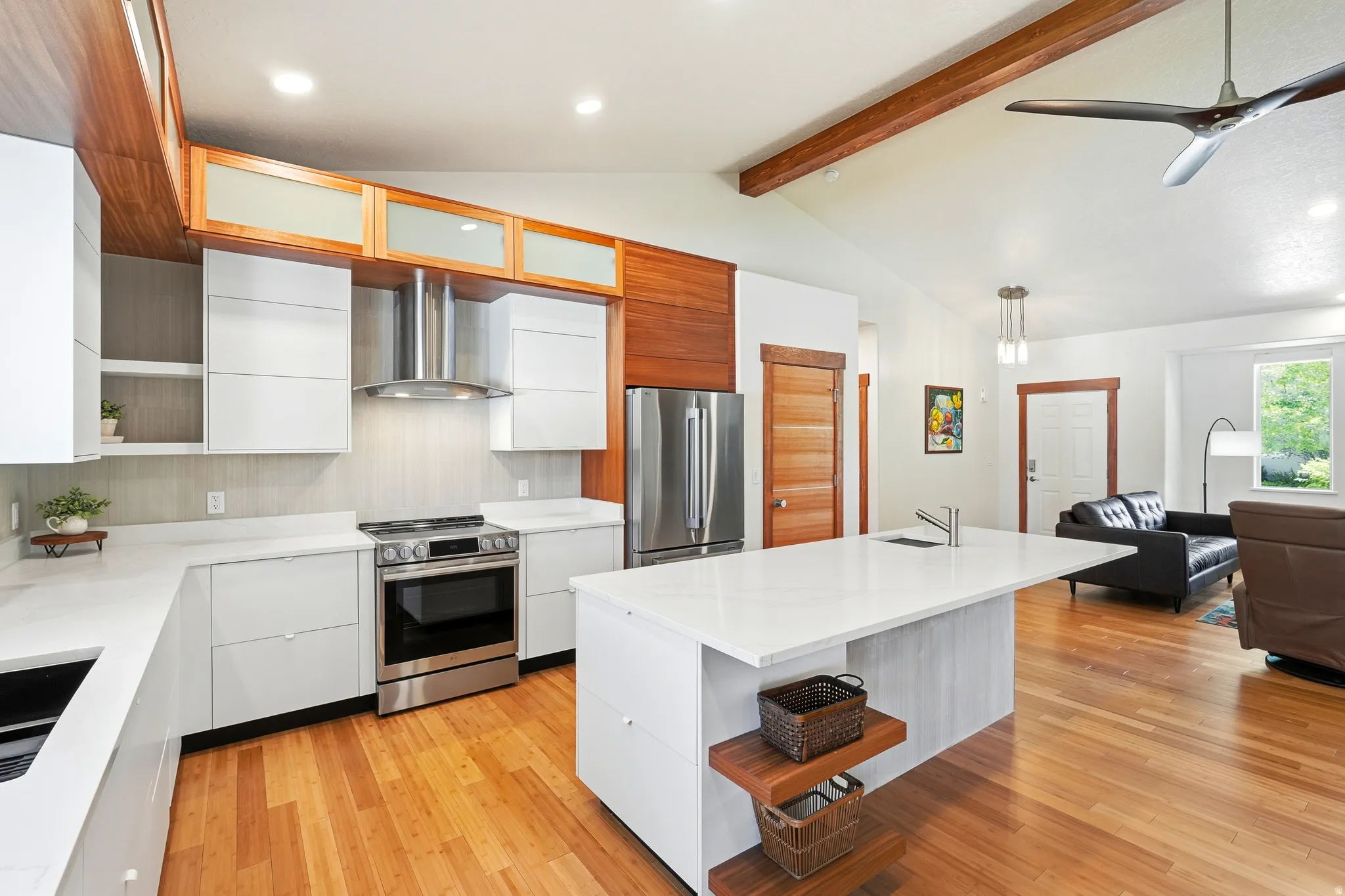 A true show-stopper.  This kitchen features a large island with prep sink and seating, state of the art appliances that have smart features.