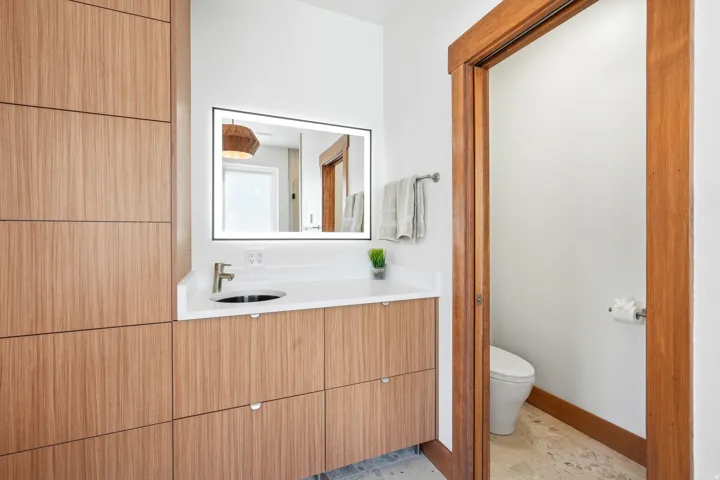 Primary bath vanity with separate water closet.