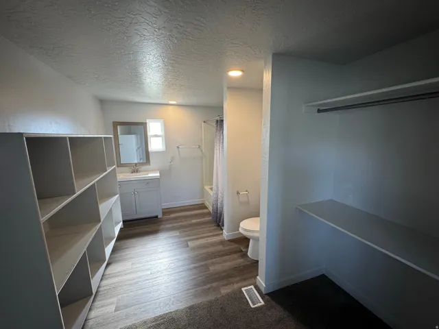 Functional bathroom featuring a single vanity with storage, a toilet, and a shower-tub combination