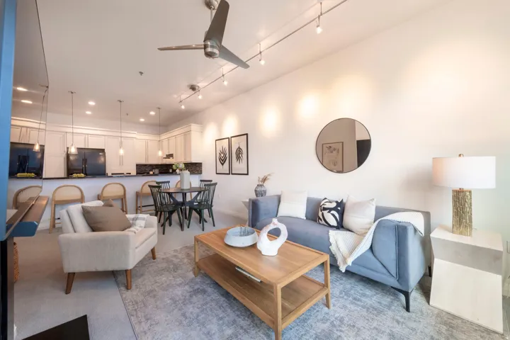 Open-concept living area featuring a modern ceiling fan, track lighting, and a light-finish wood coffee table