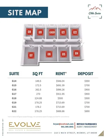 Site Map and Pricing Schedule. Presenting property layouts with corresponding square footage, rental rates, and deposit amounts