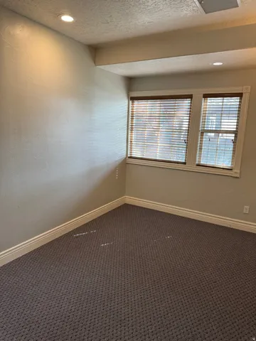 Room featuring recessed lighting, textured walls, and patterned carpeting