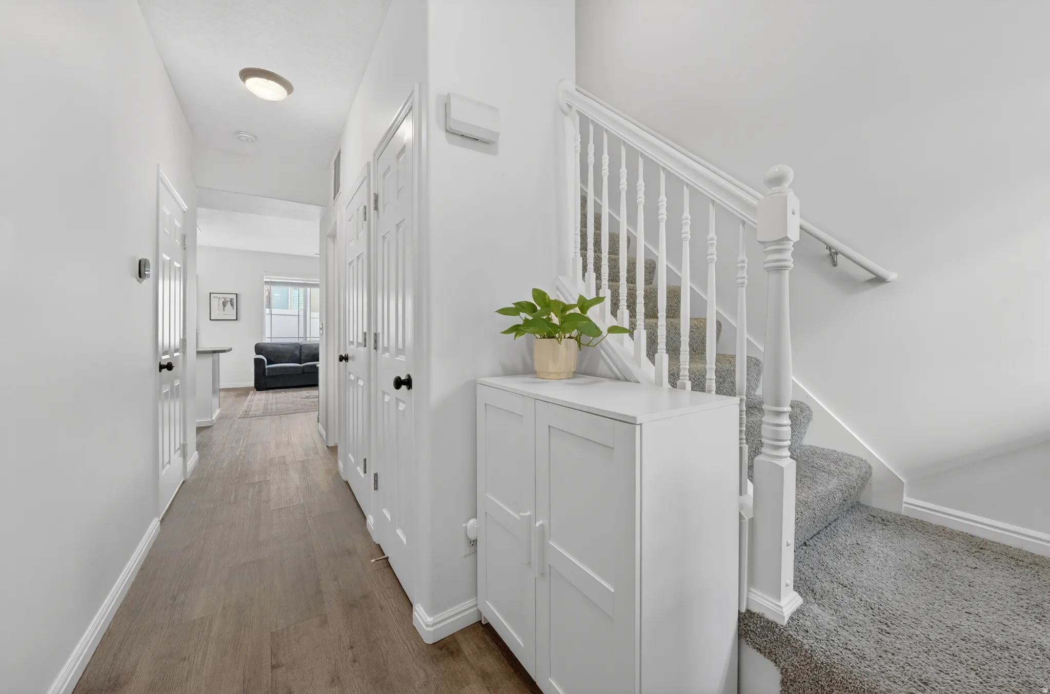 Entryway featuring wood-finish flooring, white paneled doors, and a staircase with white balusters and carpeted treads
