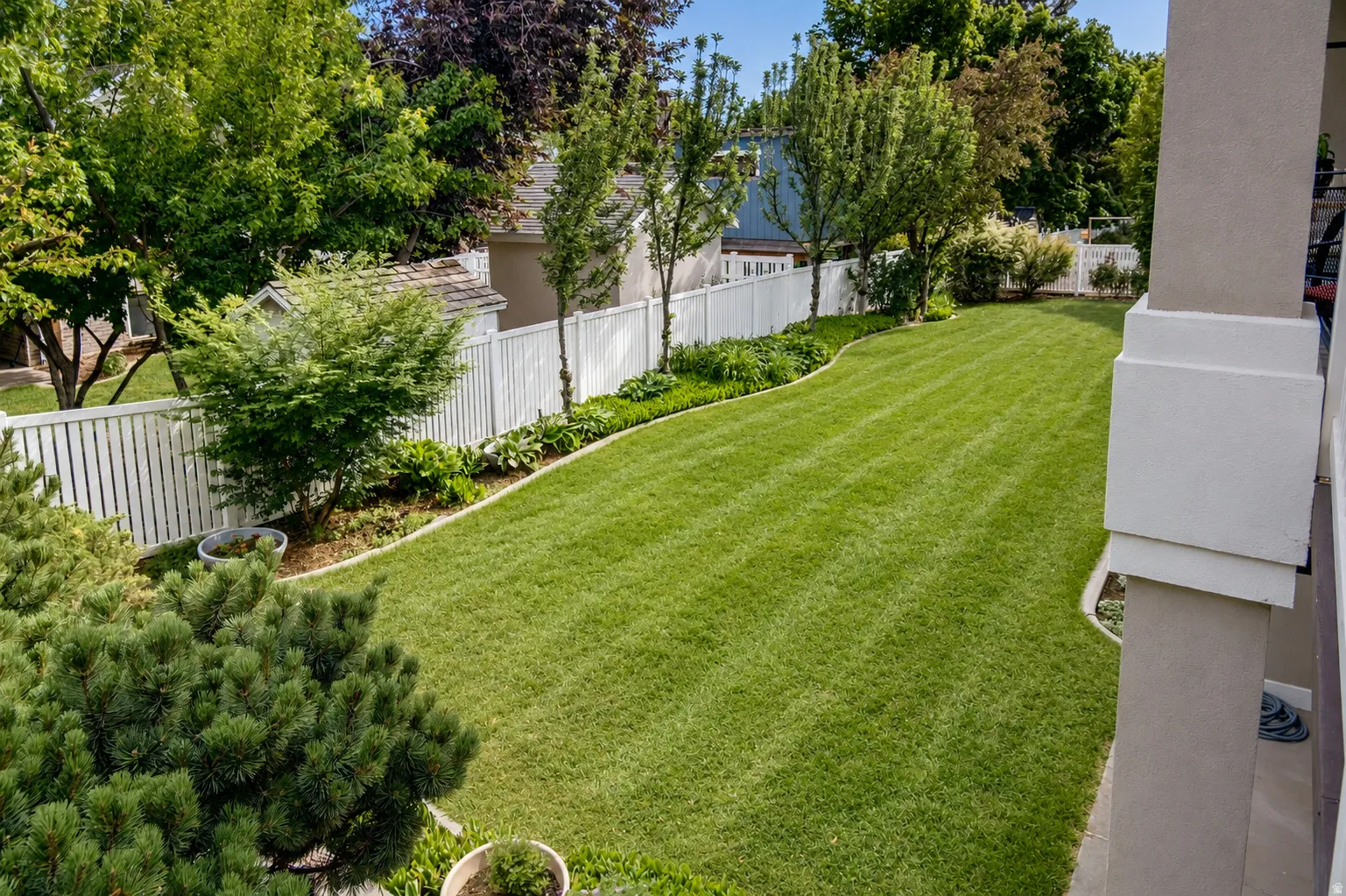 Expansive lawn with manicured grass, a white picket fence, mature trees, and established perimeter landscaping