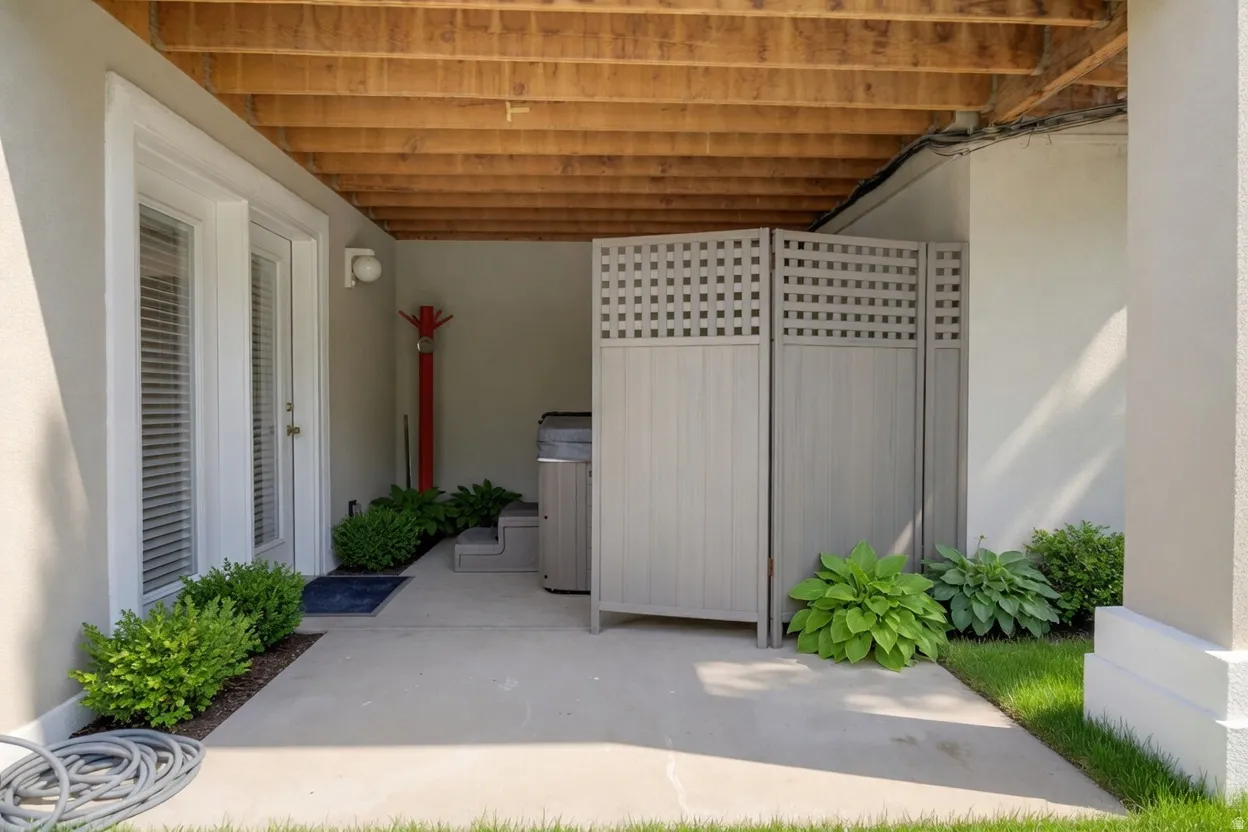 Ground-level patio featuring a hot tub enclosure with lattice privacy screening