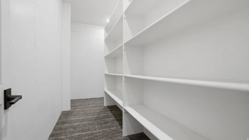 Spacious pantry featuring extensive built-in shelving, recessed lighting, and dark wood-finish flooring