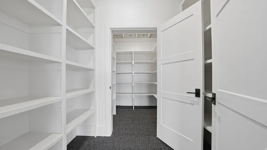 Expansive pantry featuring extensive built-in white shelving, dark gray carpet flooring, and white paneled doors with matte black hardware