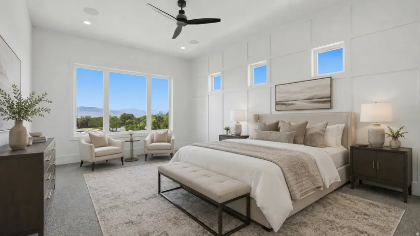 Expansive white-paneled accent wall with multiple transom windows AI Decor