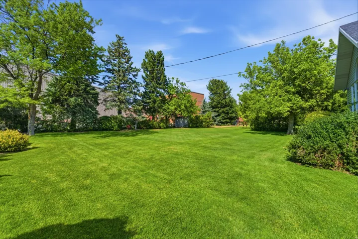 Expansive lawn area surrounded by mature trees and shrubs, offering abundant open space