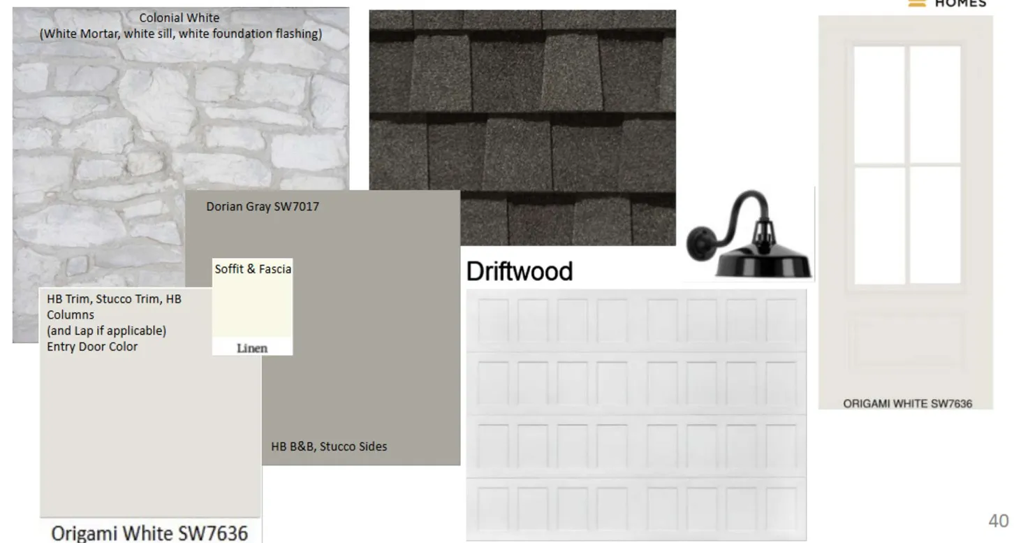 Design Specification Sheet. Presenting material and color selections for the property exterior