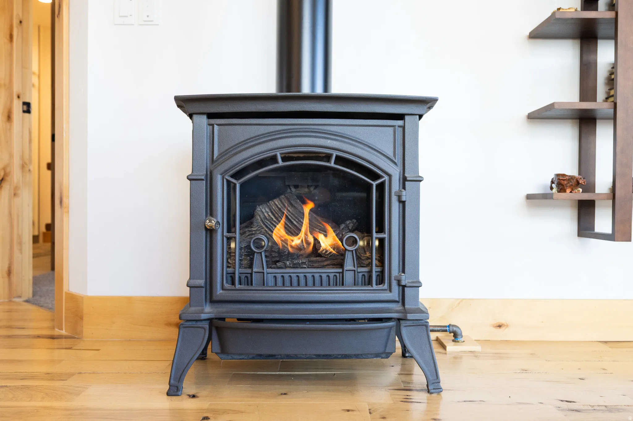 Detailed view of wood finished floors and a wood stove
