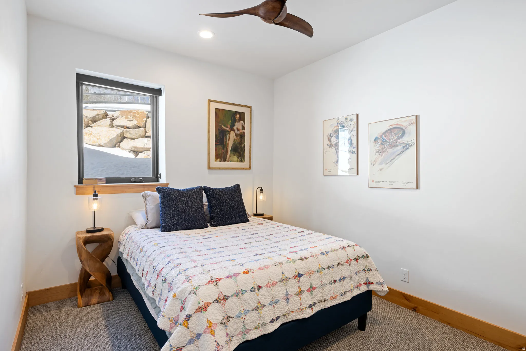 Bedroom featuring carpet floors, a ceiling fan, and recessed lighting