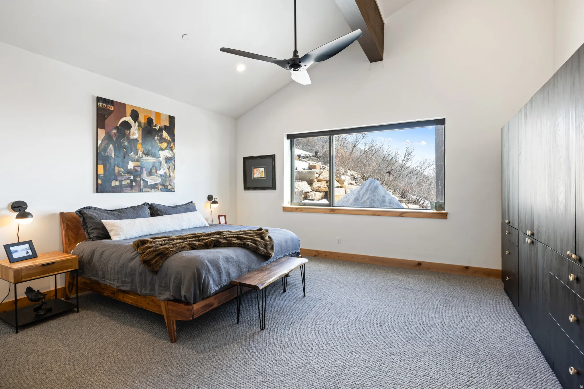 Bedroom with light carpet, a ceiling fan, lofted ceiling, and recessed lighting