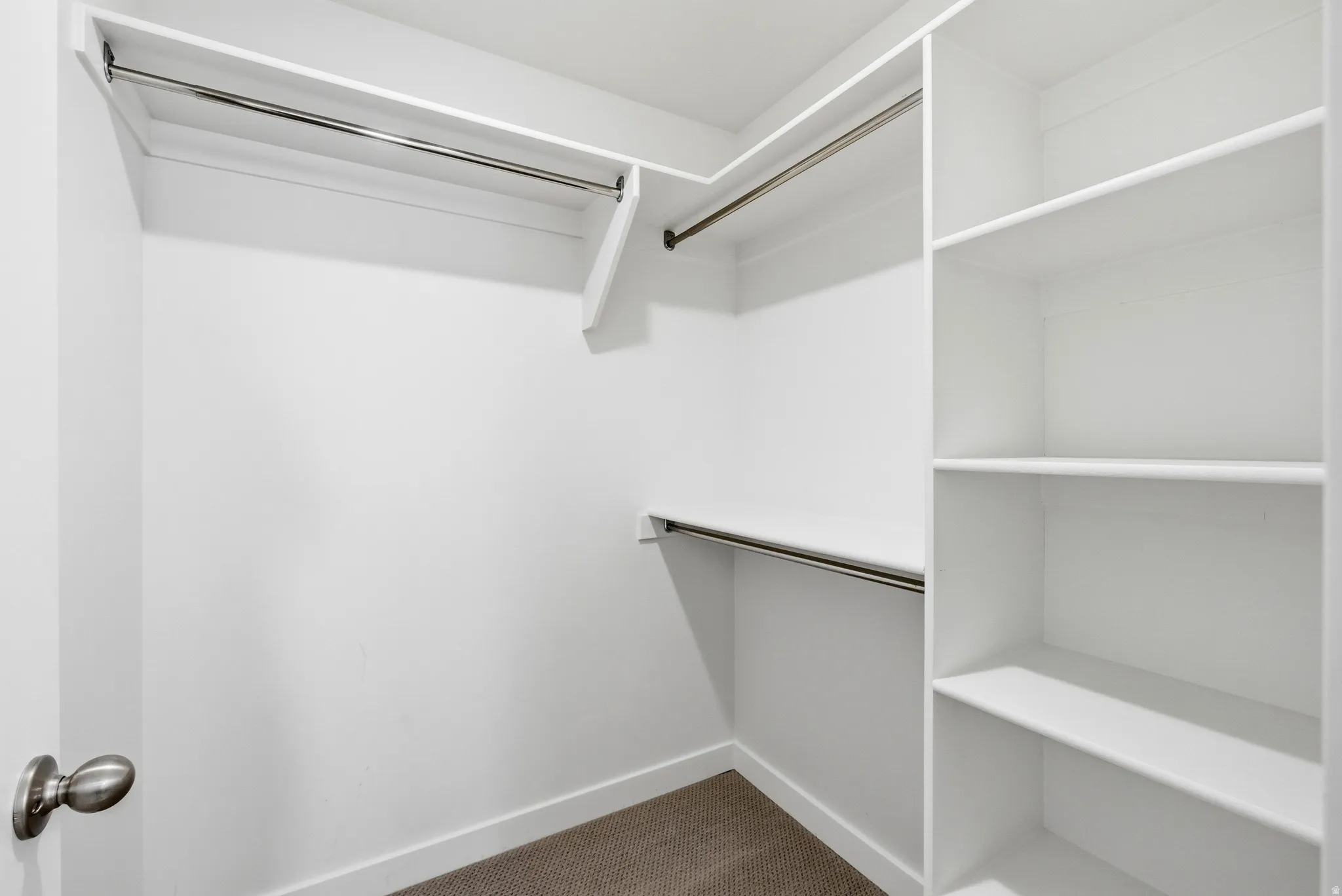 Walk in closet featuring dark colored carpet