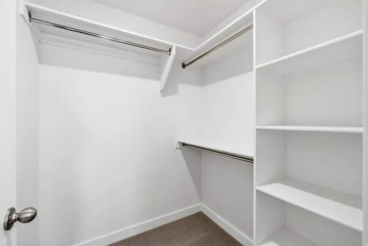 Walk in closet featuring dark colored carpet