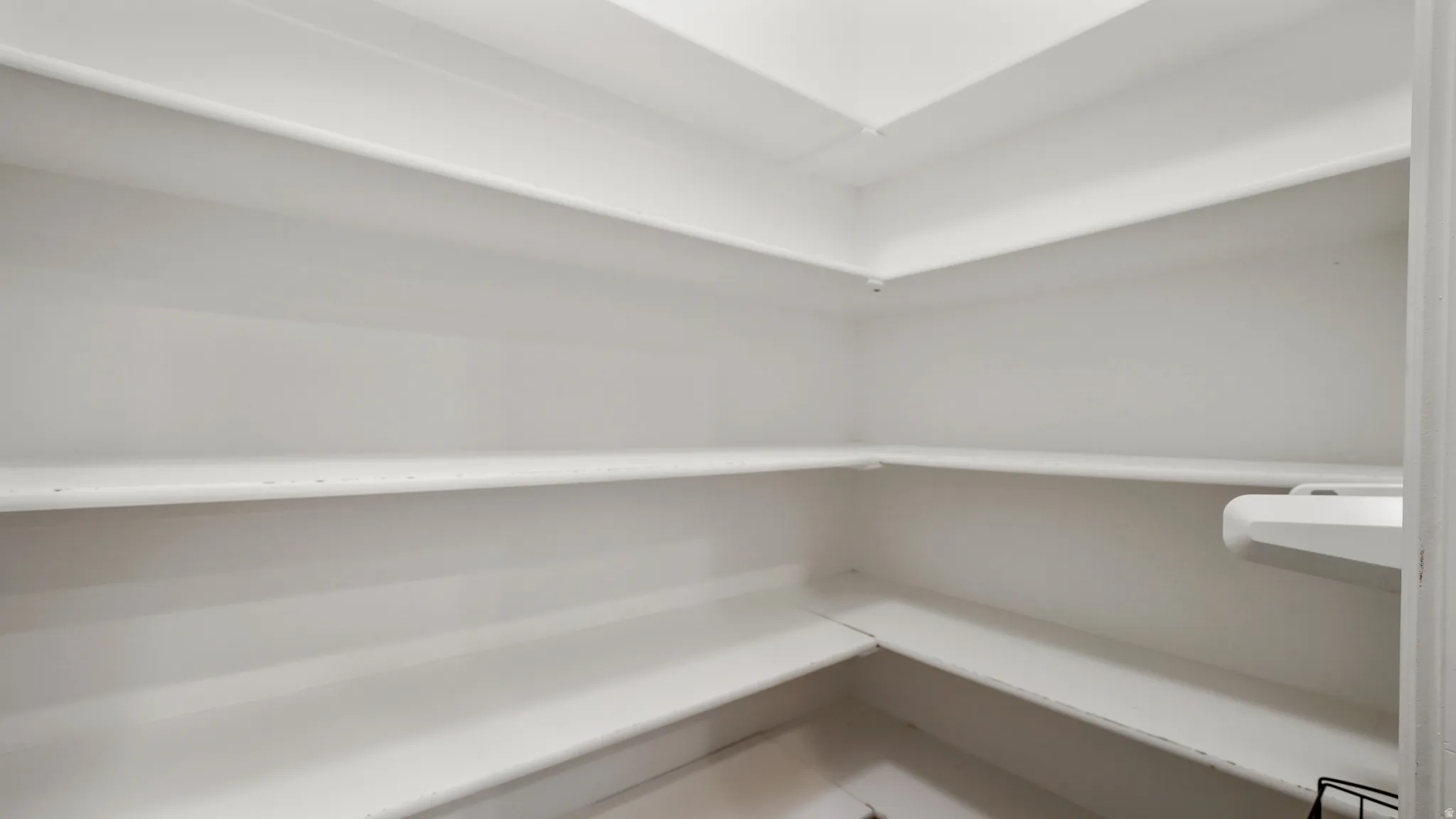 White pantry with multiple levels of built-in shelving
