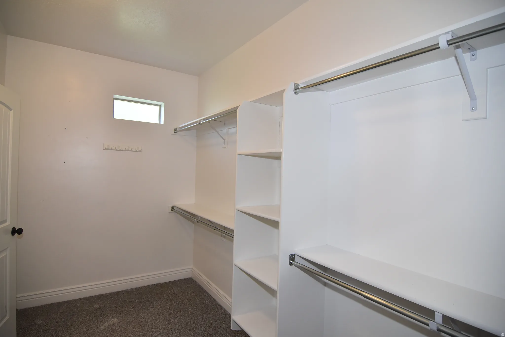Owner's Walk-in closet featuring built-in shelving, hanging rods, and a high-set window