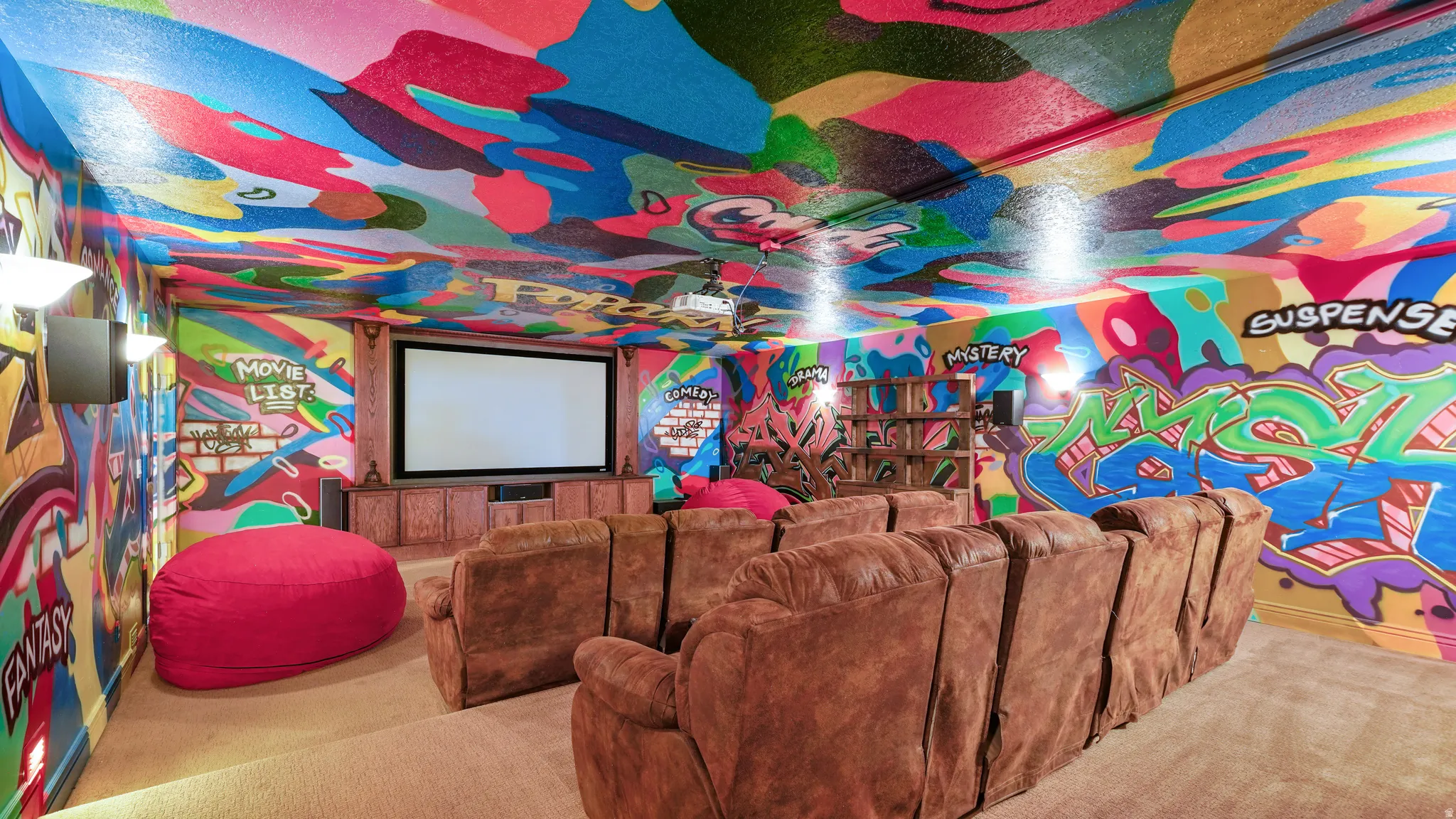 Dedicated media room featuring a large projection screen, integrated entertainment console, and tiered seating