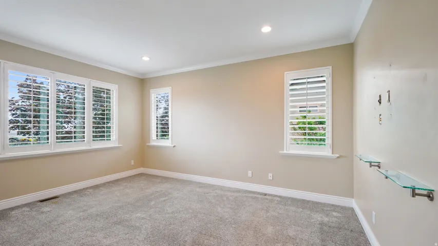 Carpeted interior space featuring multiple windows with plantation shutters, recessed lighting, crown molding, and glass wall shelves