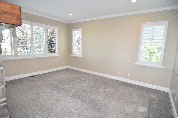 Spacious Owner's room featuring neutral carpeting, light beige walls, and crown molding