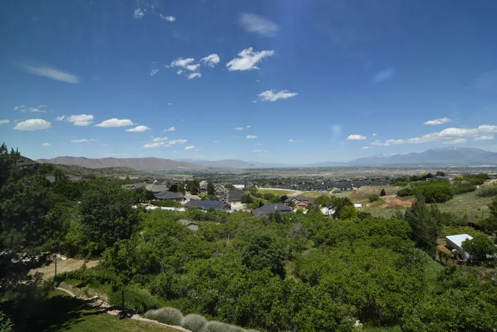 Expansive overhead landscape encompassing a valley, distant mountains, and a residential community