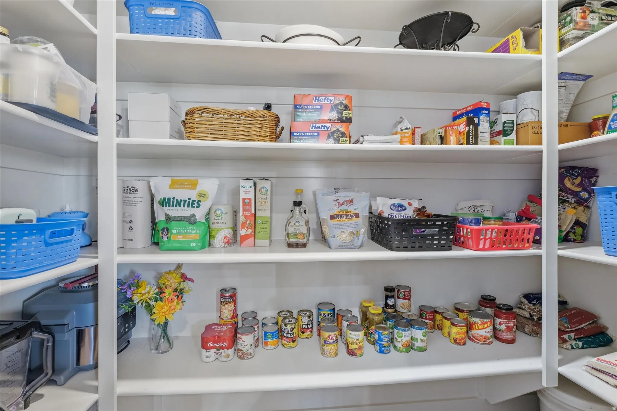 Spacious pantry featuring multiple white shelving units and shiplap-style wall paneling