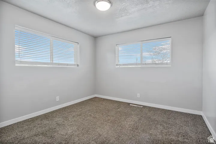 Carpeted room featuring white walls, white trim, two windows with blinds, and a flush-mount ceiling light