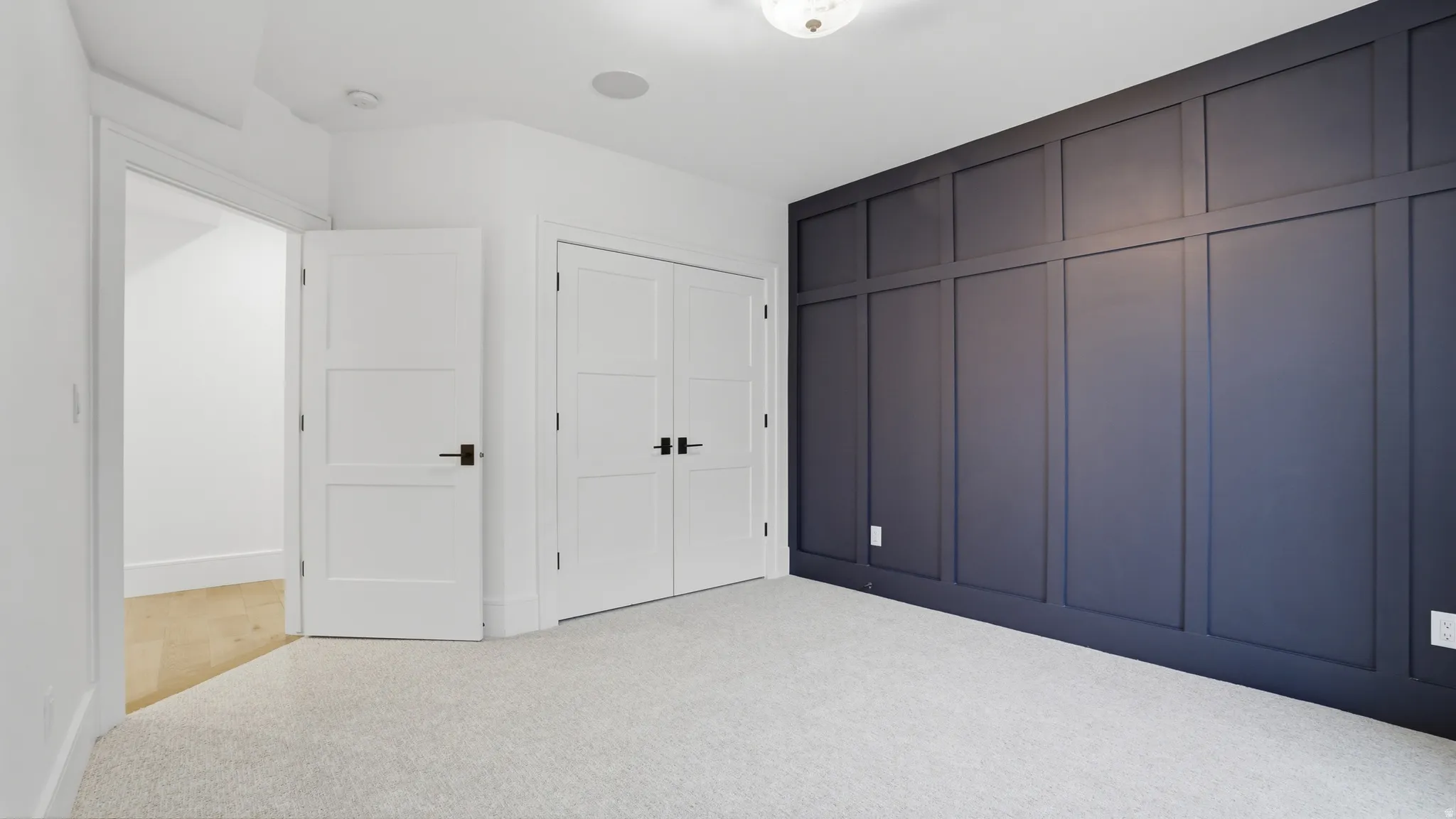 Accent wall featuring dark paneling, light-colored carpet, white trim, white interior doors with black hardware, and an overhead light fixture