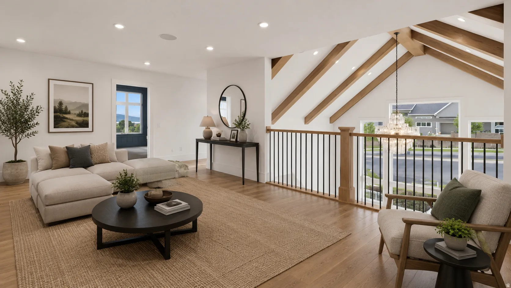 Open concept living area with wood-finish flooring, recessed lighting, and a vaulted ceiling featuring exposed wood beams