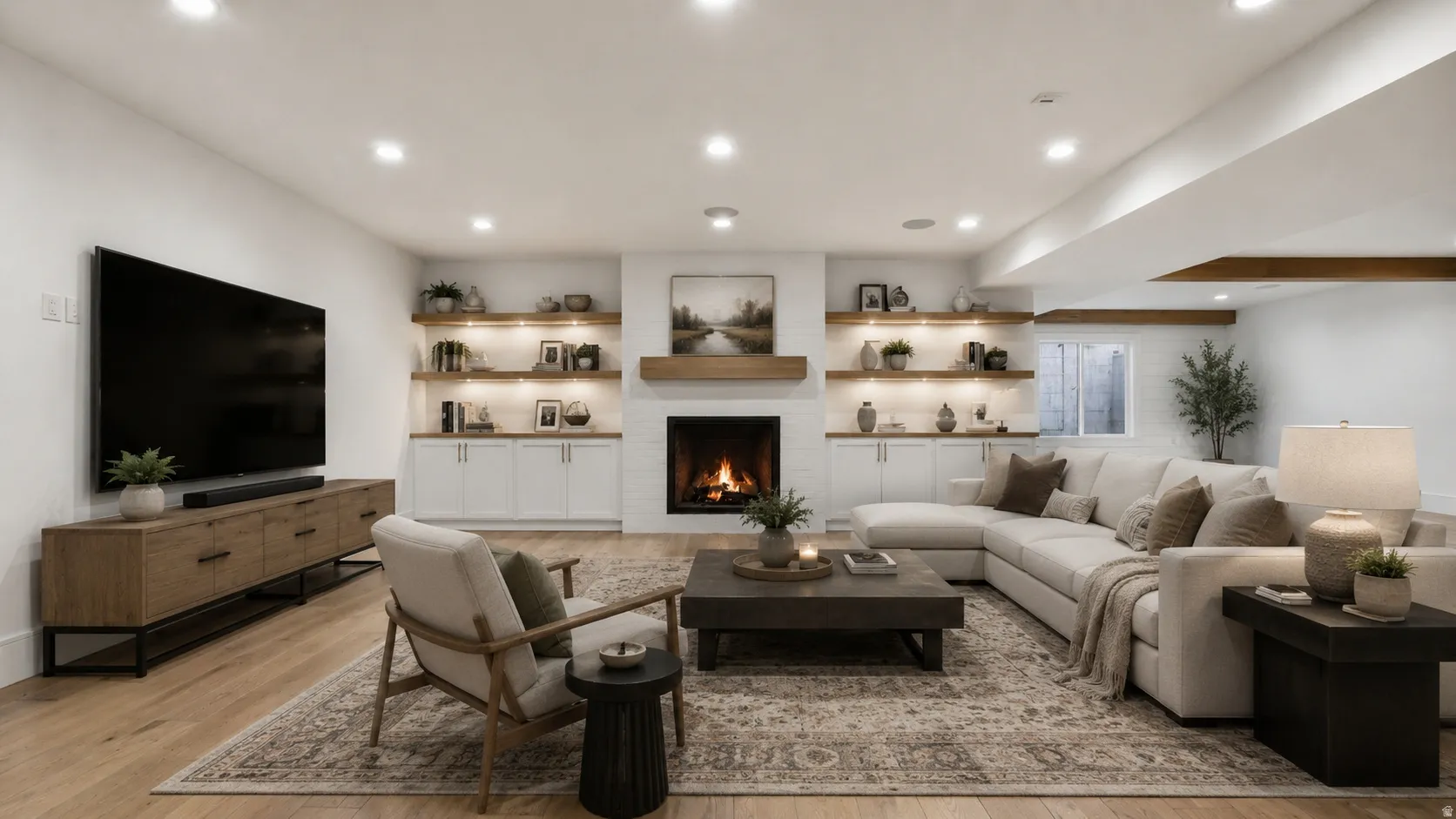 Living space featuring a white brick fireplace with a wood mantle, built-in cabinetry, and wood-finish flooring
