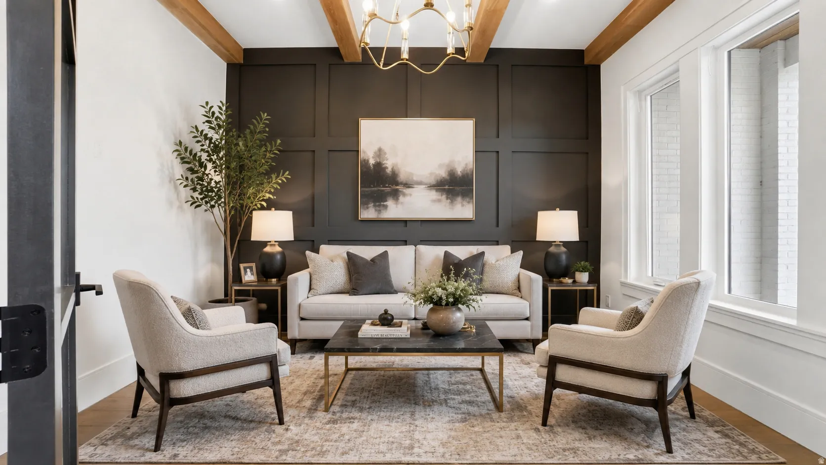 Living area featuring a paneled accent wall, exposed wood-finish ceiling beams, and a brass chandelier