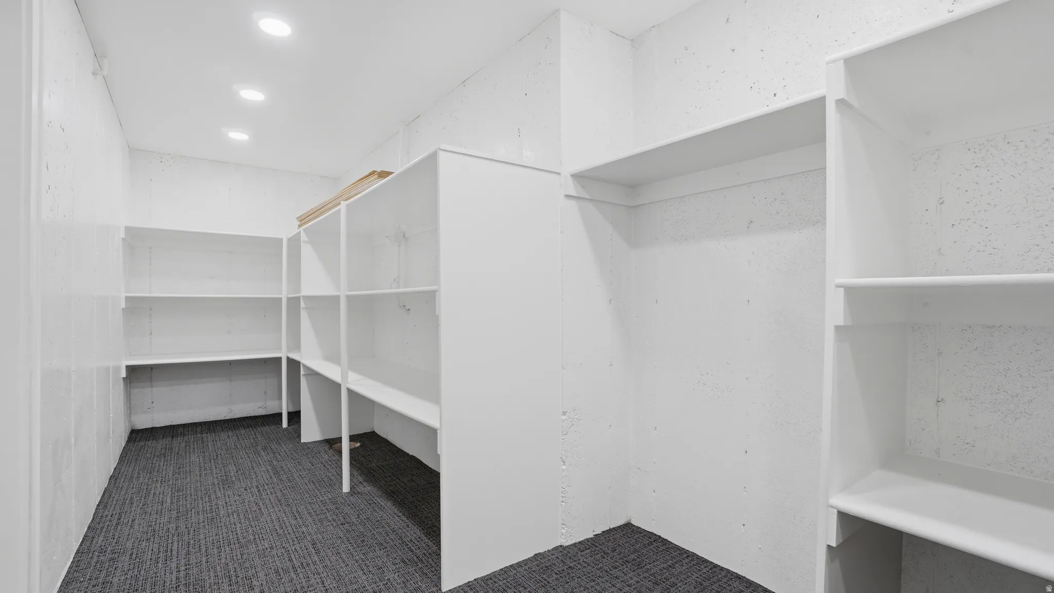 Spacious storage area featuring extensive built-in shelving, recessed lighting, and carpet flooring