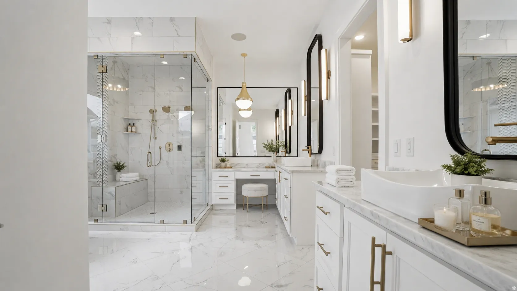 Expansive bathroom featuring a glass-enclosed shower with a built-in bench, dual vanity sinks, and a dedicated vanity area