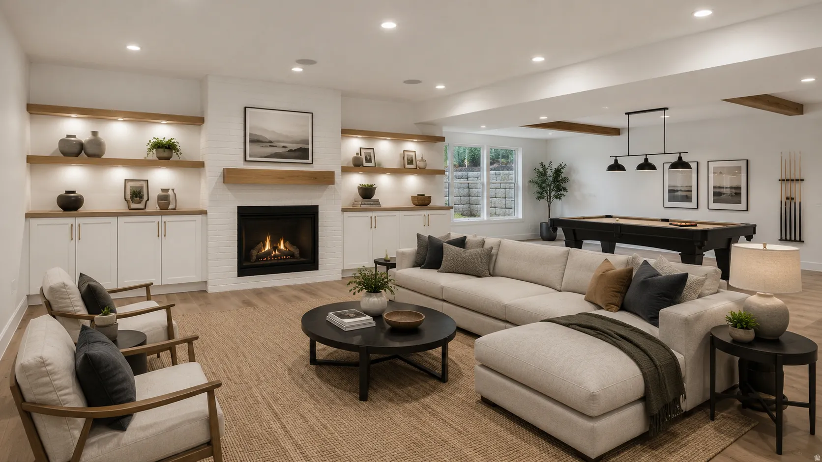 Spacious entertainment area featuring a white brick fireplace with a wood mantel, built-in cabinetry with illuminated shelving, and wood-finish flooring