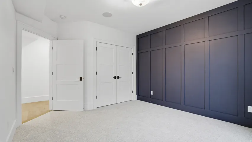 Accent wall featuring dark paneling, light-colored carpet, white trim, white interior doors with black hardware, and an overhead light fixture