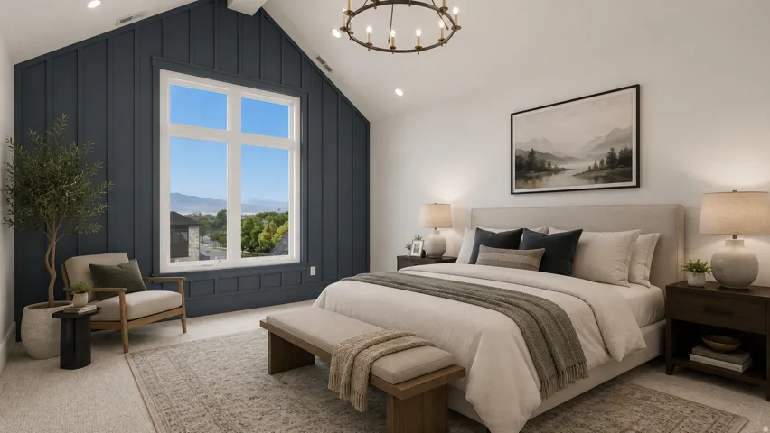 Vaulted ceiling bedroom featuring a large picture window, board and batten accent wall, recessed lighting, and a prominent chandelier
