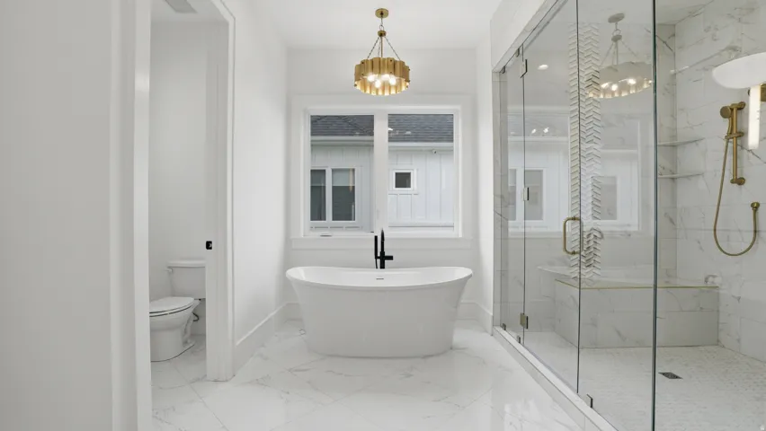 Freestanding bathtub with a black wall-mounted faucet, complemented by a gold-finish chandelier
