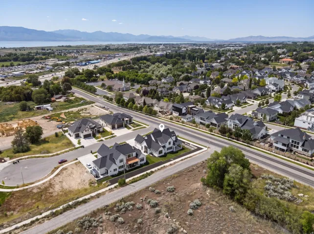 Aerial perspective showcasing a developed neighborhood with new construction