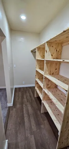 Walk-in closet featuring built-in wooden shelving, dark wood-finish flooring, recessed lighting, and light-toned walls