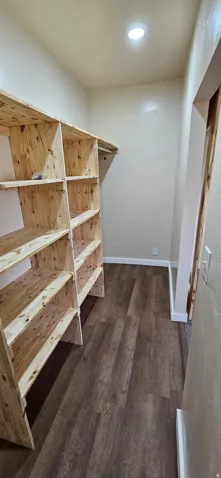 Walk-in closet featuring extensive built-in wooden shelving, a hanging rod, recessed ceiling lighting, and wood-finish flooring