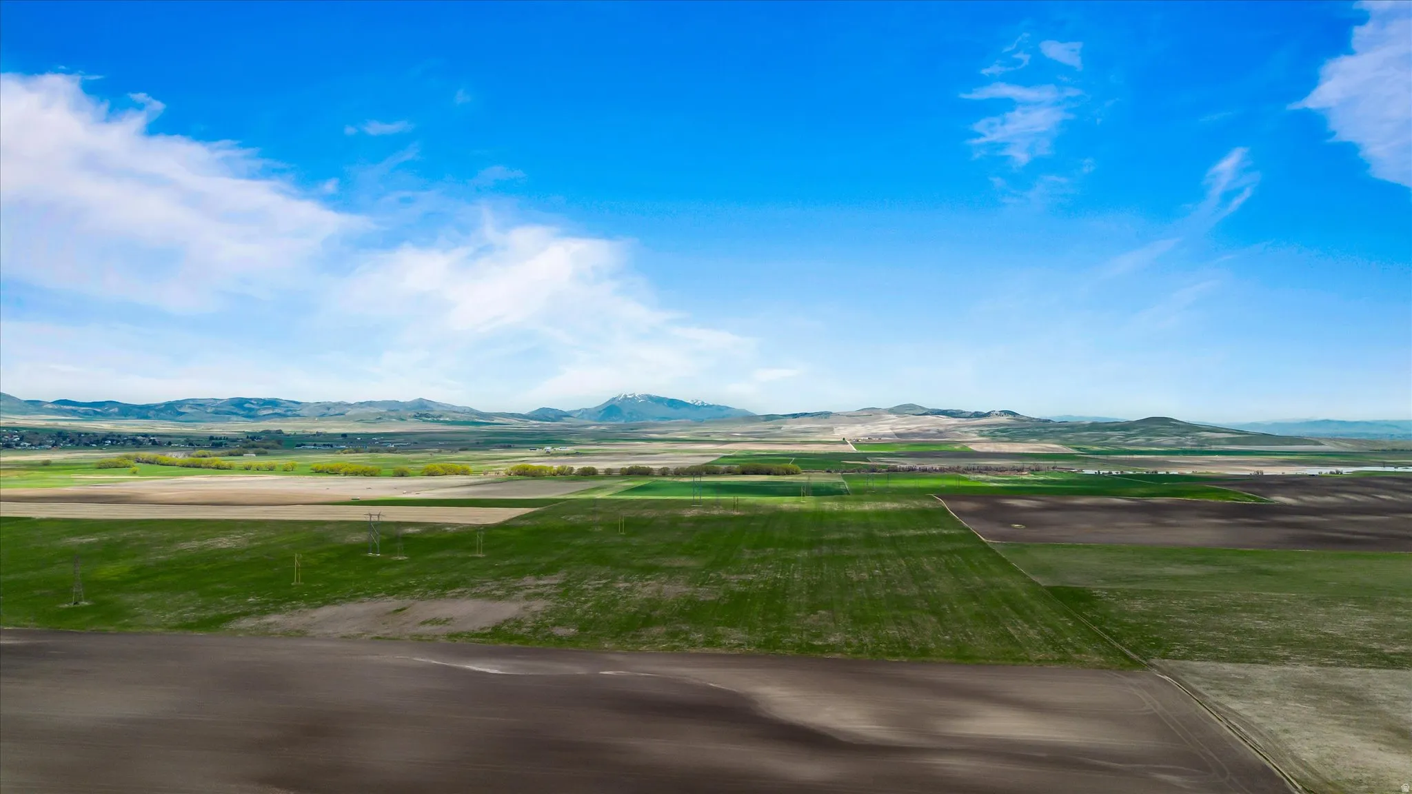 Expansive agricultural landscape featuring vast open fields and distant mountain ranges