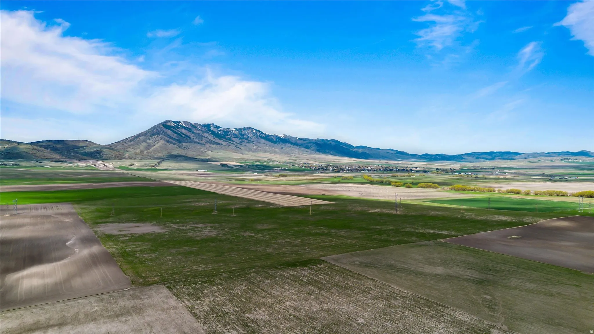 Expansive land featuring cultivated fields and verdant sections, framed by distant mountains with snow-capped peaks