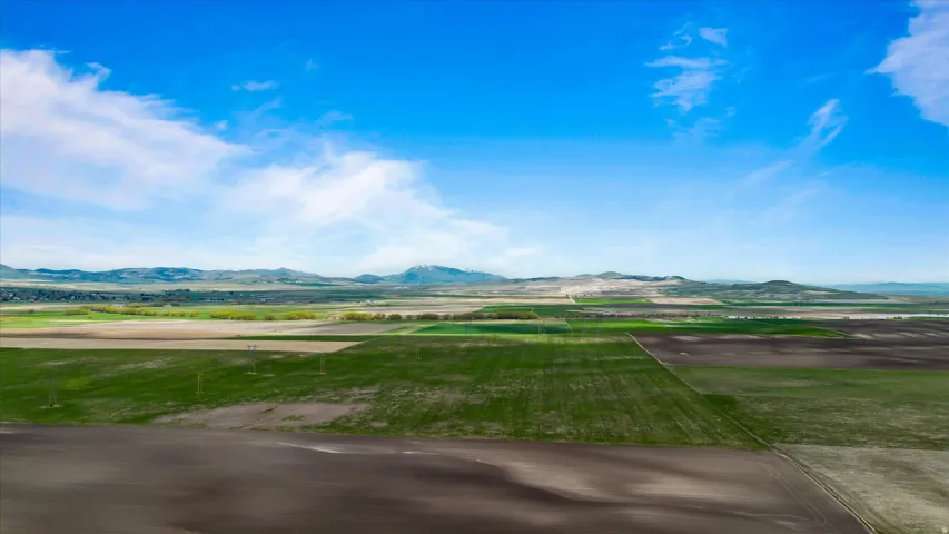 Expansive agricultural landscape featuring vast open fields and distant mountain ranges