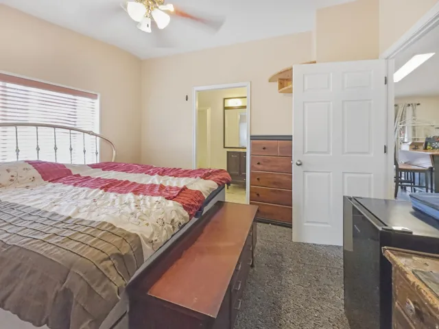Carpeted room featuring a ceiling fan, window with blinds, and white paneled doors
