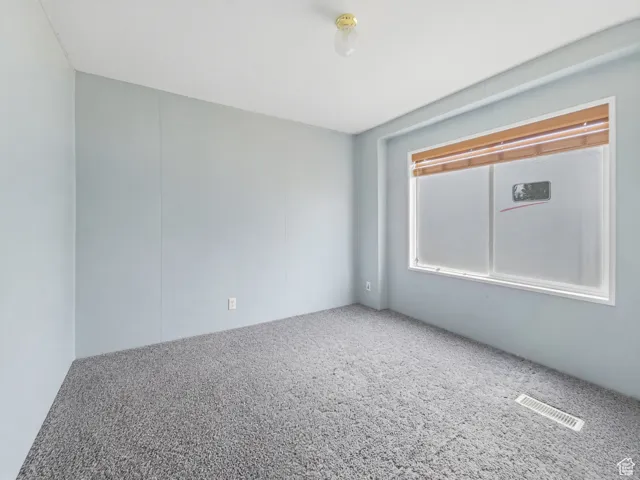 Spacious room featuring light blue paneled walls, gray carpet, a ceiling-mounted light fixture, and a large window with wood-finish blinds